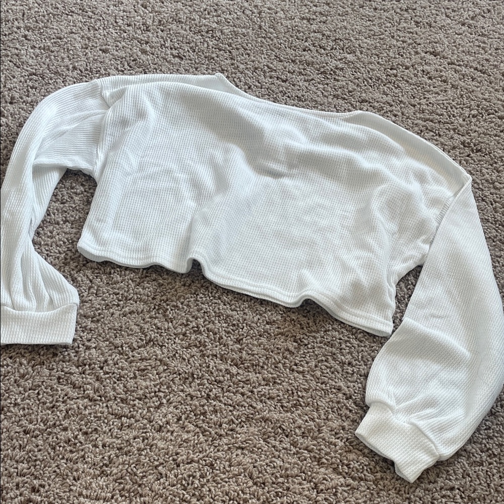 Cropped White Waffle Knit Henley Top - Picture 4 of 4